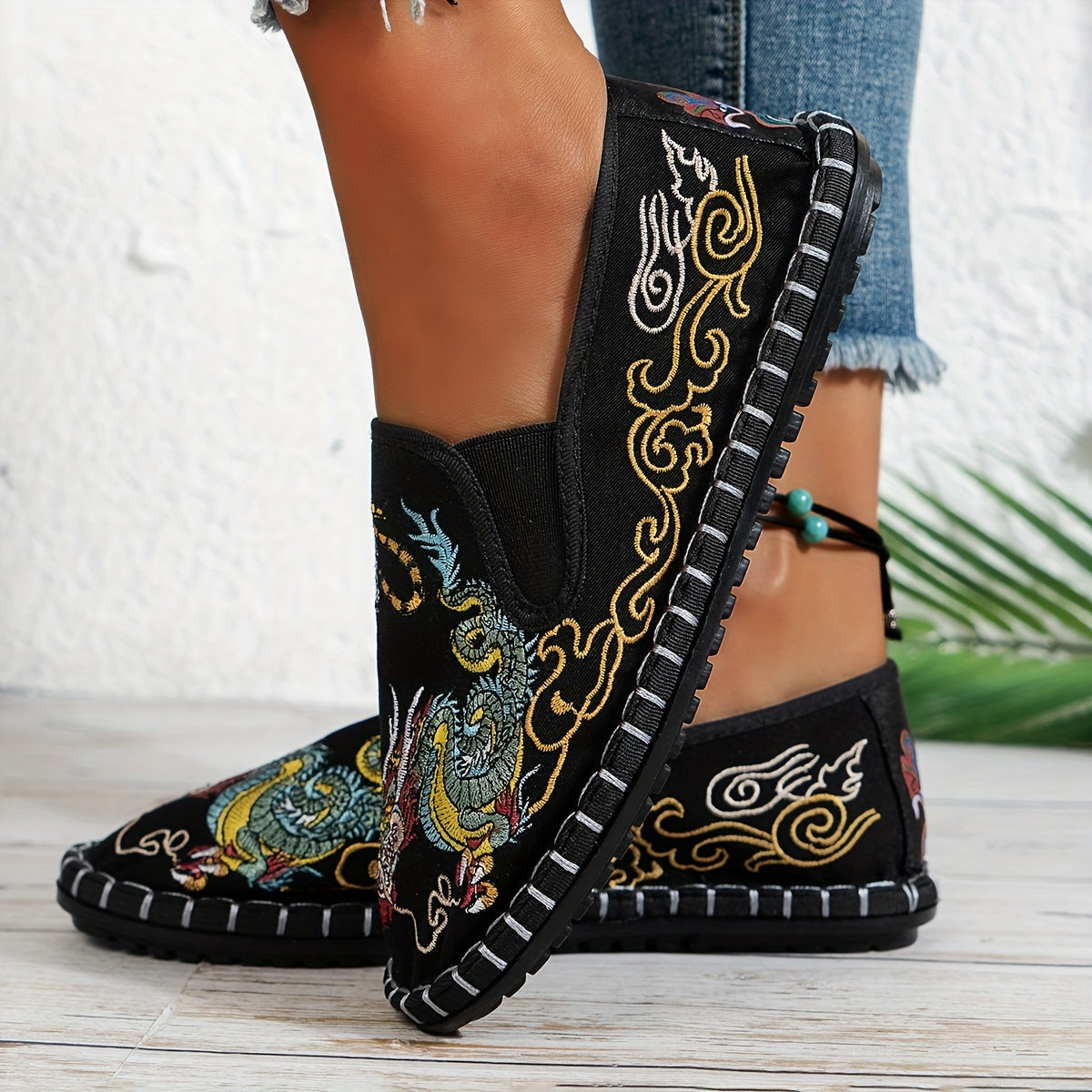 Women's Embroidered Animal Print Slip-On Flats Blue and Gold