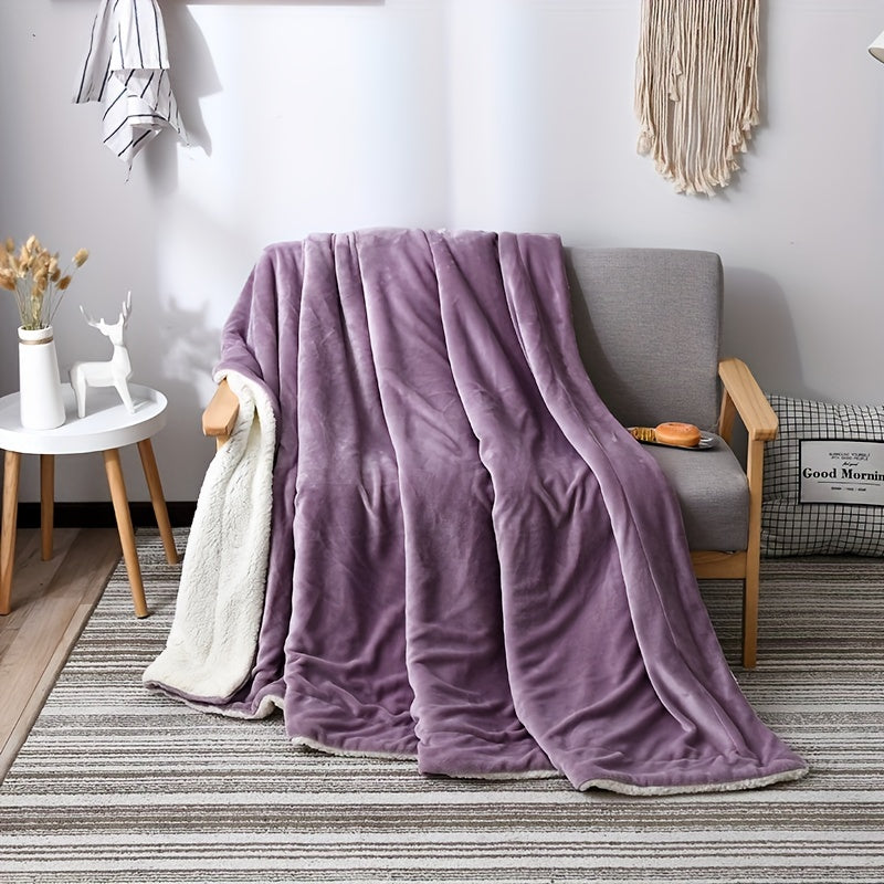 Double-Layered Flannel Fleece Sherpa Throw Blanket Solid Color Cozy Warm Home Decor