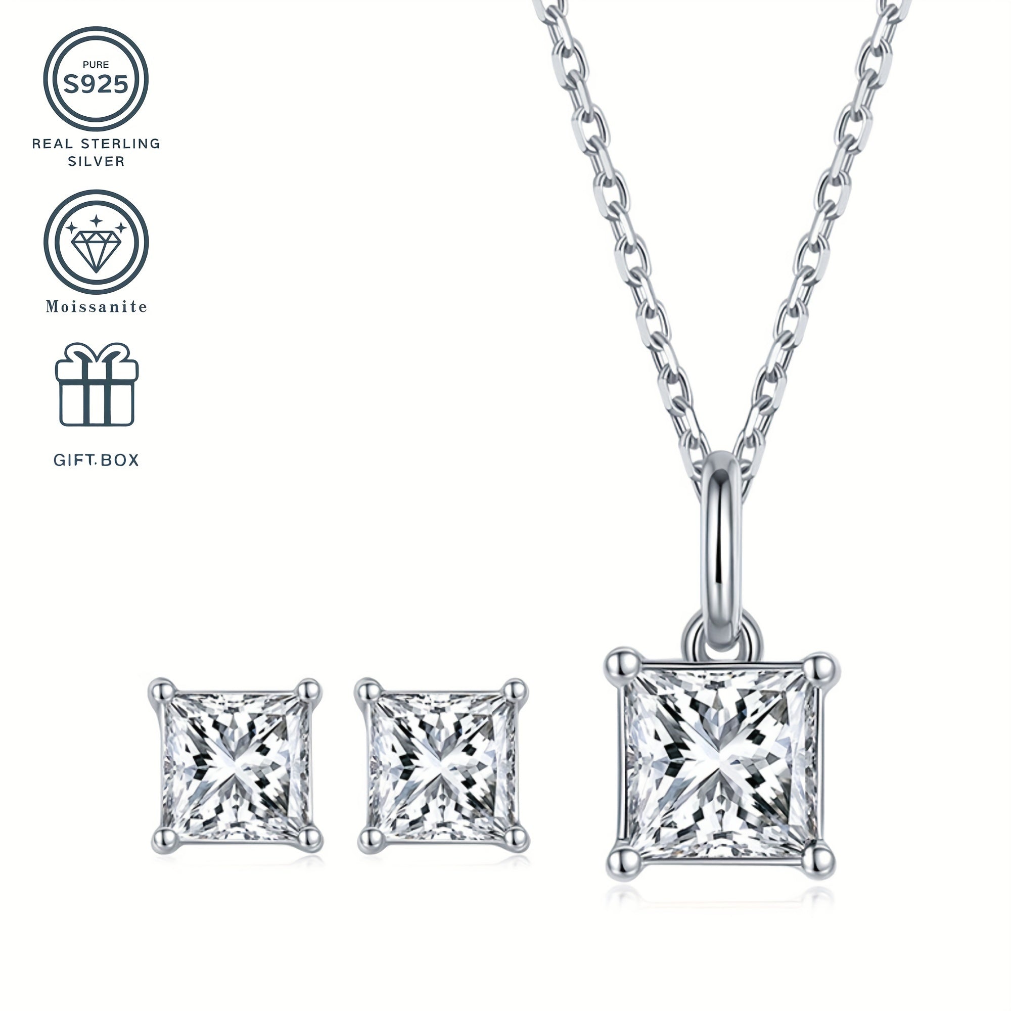 Sterling Silver Moissanite Jewelry Set Square Pendant Stud Earrings Wedding Birthday Gift