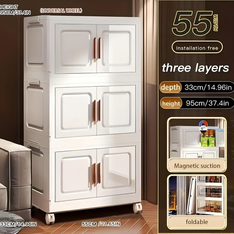 Foldable Storage Cabinet on Wheels Weatherproof Dustproof Bug-proof with Magnetic Doors for Home Use