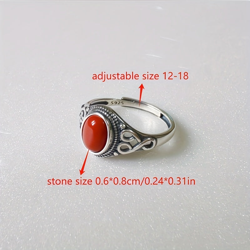 Women's Ring Retro Ethnic Style Silver Inlay Red Coral Stone Gift