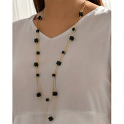 Women's Long Sweater Chain Necklace with Square Crystal Pendant