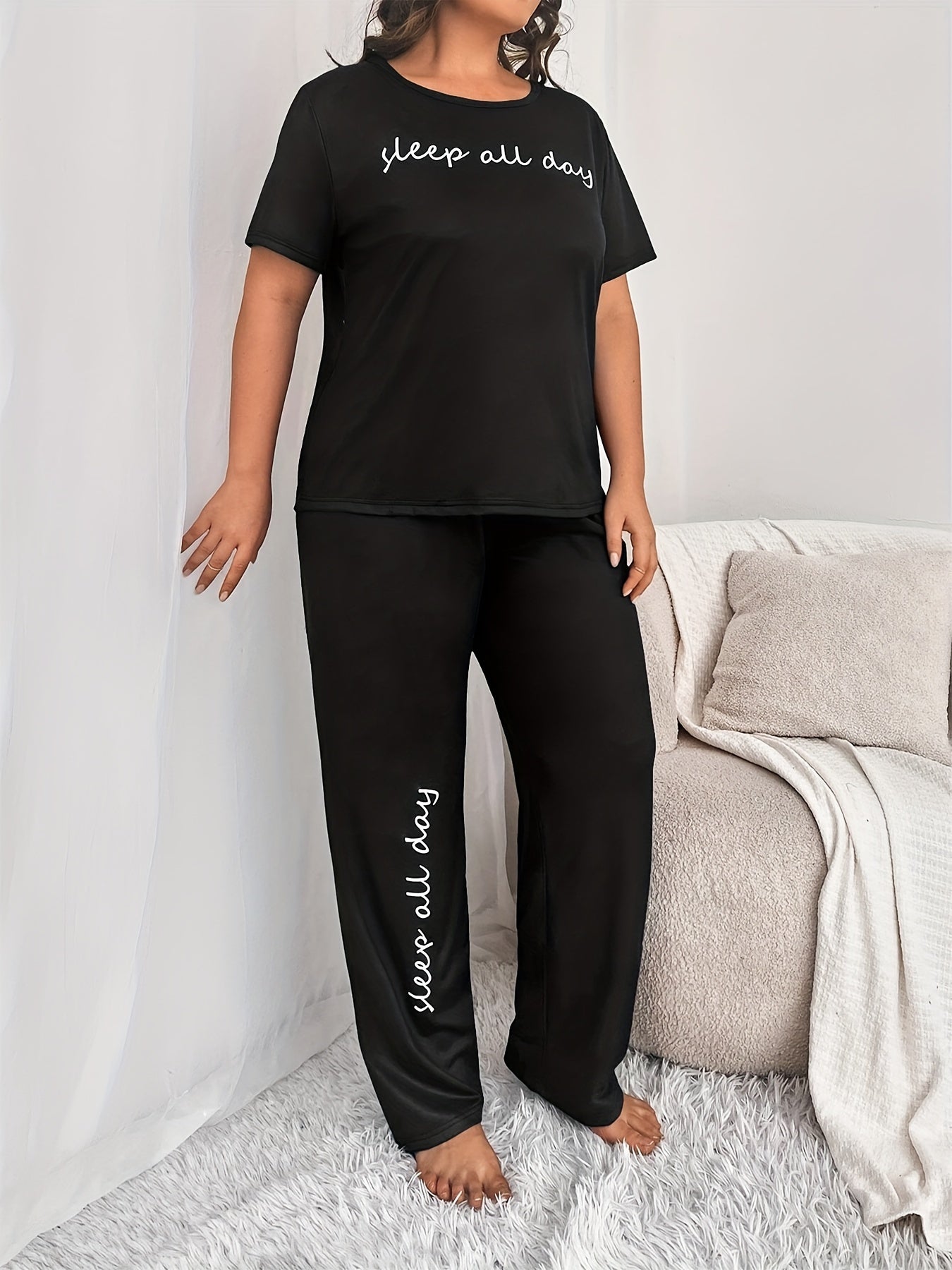 Women Plus Size Pajama Set Cotton Short Sleeve T-Shirt and Pants Home Wear