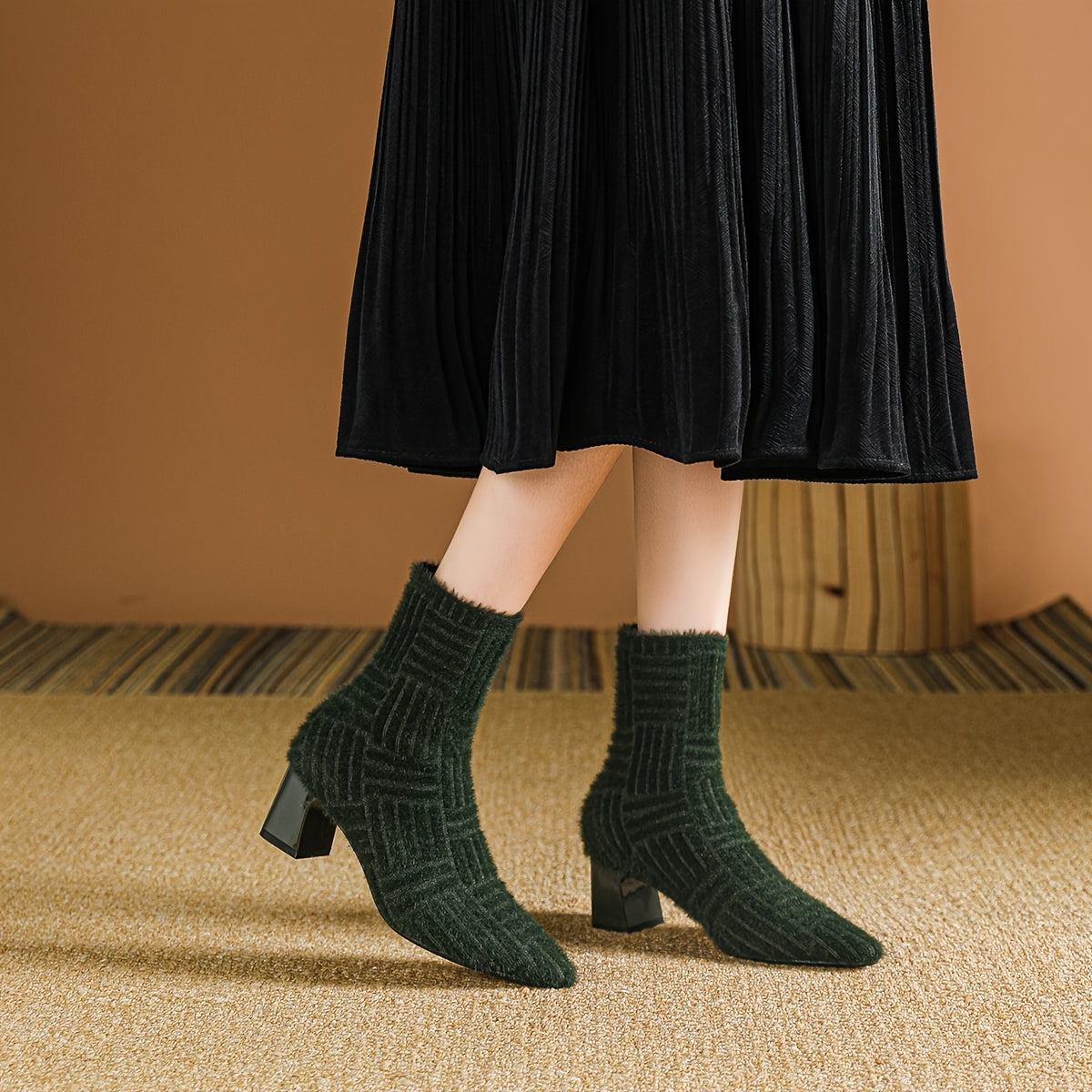 Women's Ankle Boots Knit Fabric Block Heel Slip-On Casual Styles