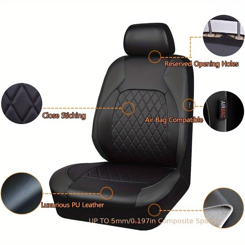5-Seater PU Leather Diamond Pattern Car Seat Covers Breathable Zipper Airbag Compatible