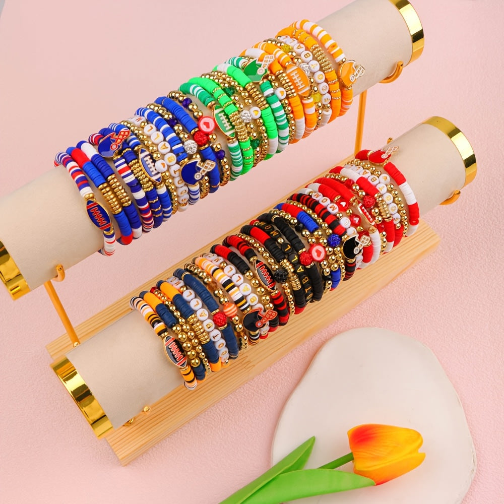 15 ta modali sport rugby mavzusidagi yurak shaklidagi yumshoq keramika ko'p rangli elastik to'plangan neytral bilakuzuklar tasodifiy jo'natilgan partiya - kundalik sovg'a berish uchun mukammal zargarlik aksessuarlari.