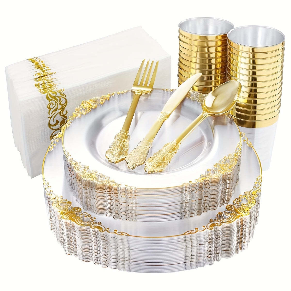 10 ta mehmon uchun bir martalik oqlangan taomlar to'plamiga 10 ta shirinlik, 10 ta salat plastinkasi, 10 ta salfetka, 10 ta stakan va 30 ta vilkalar pichoq (vilkalar, pichoqlar, qoshiqlar) kiradi. To'y yubileylari va bayramlar uchun ideal.
