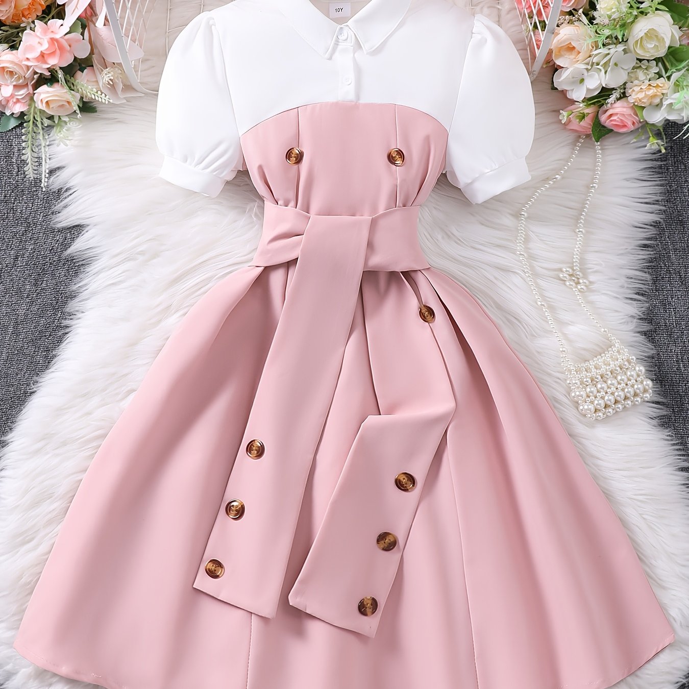 Girls Summer Dress Short Sleeve Collared Beige White Leopard Buttons Belt Casual Polyester