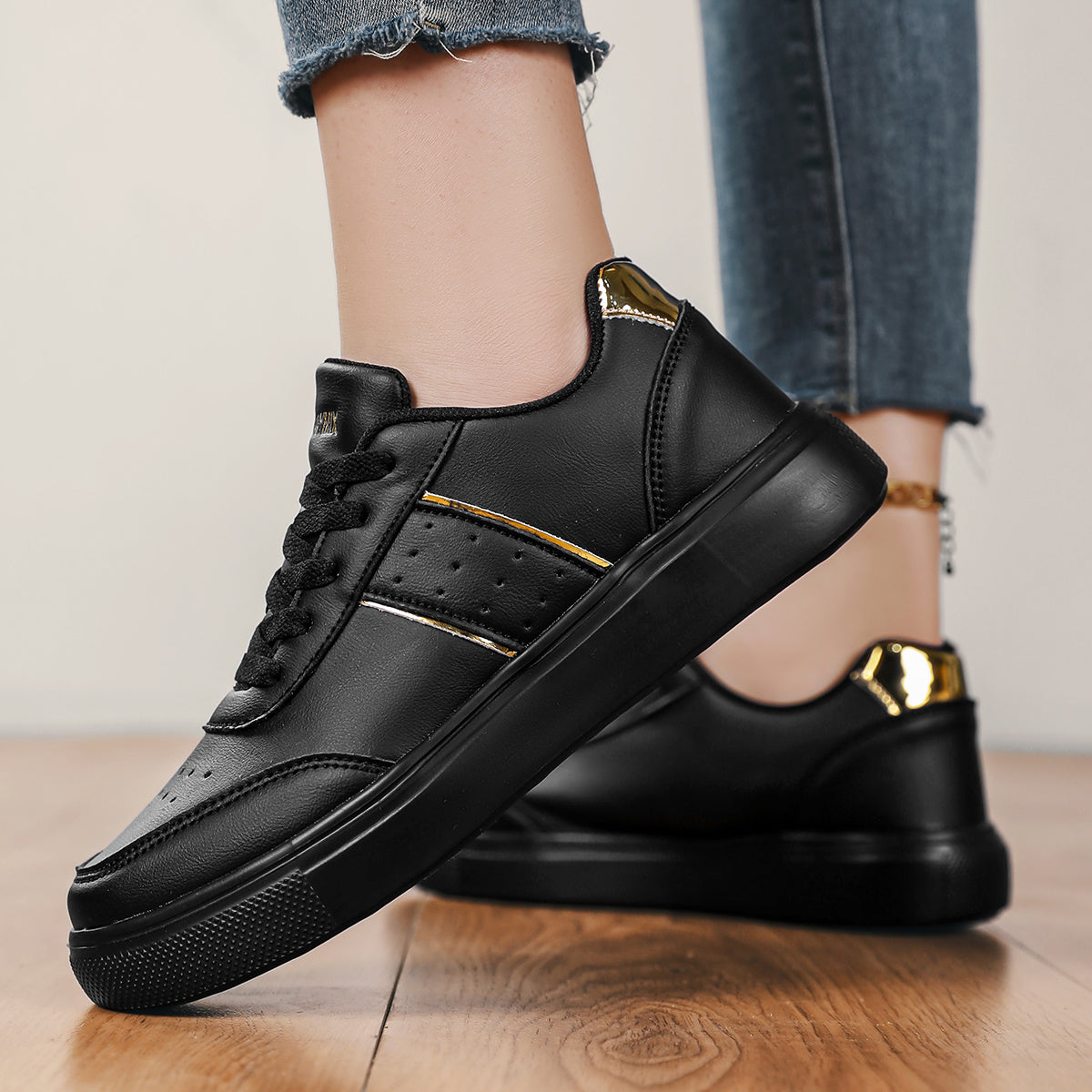 Women’s Casual Sneakers White with Gold Accents Comfortable Lace-Up Shoes