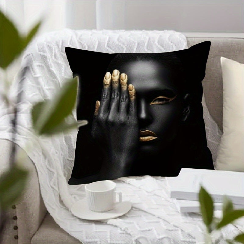 African American Woman Throw Pillow Cover Black and Gold 45 Inch Decorative Cushion