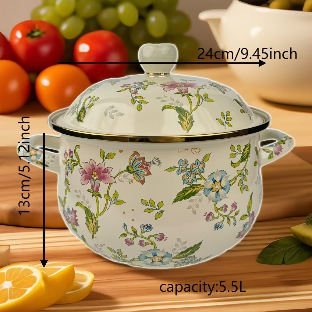 Enamel Soup Pot with Rose Ceramic Lid, Dual Handles, Dual-Tone Coating