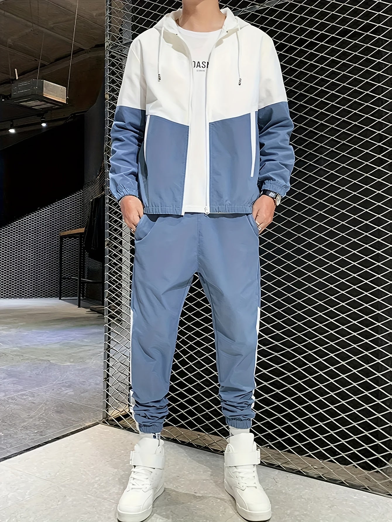 Men's Athletic Hoodie and Pants Set Blue White Color Block Polyester Spring Fall Sportswear