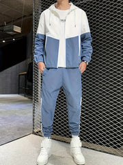 Men's Athletic Hoodie and Pants Set Blue White Color Block Polyester Spring Fall Sportswear