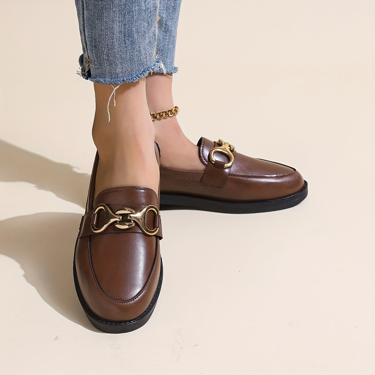 Women's Leather Platform Loafers with Buckle Comfort Slip-On All-Season