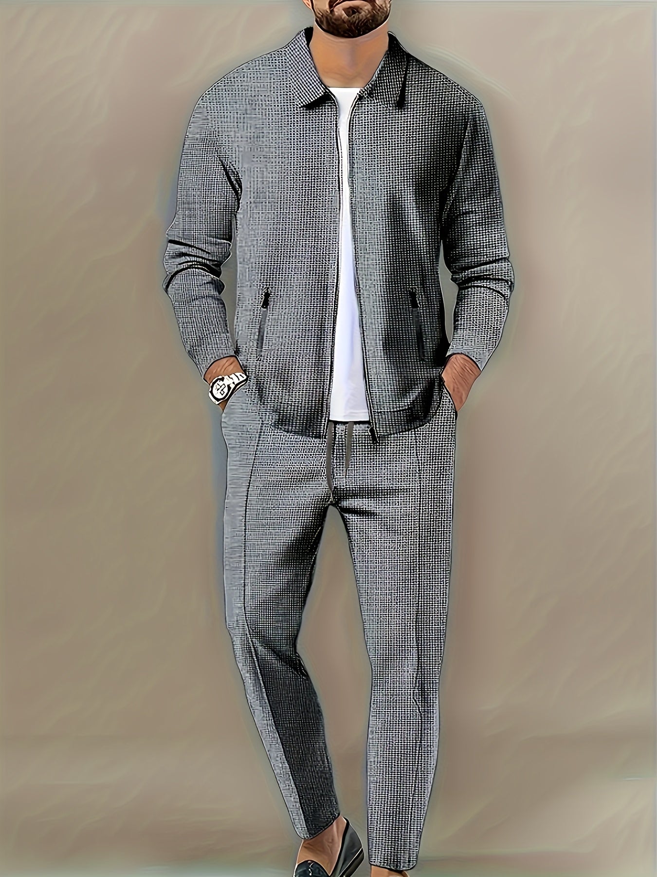 Men's Casual Waffle Suit Polyester Solid Color Regular Fit Spring Fall