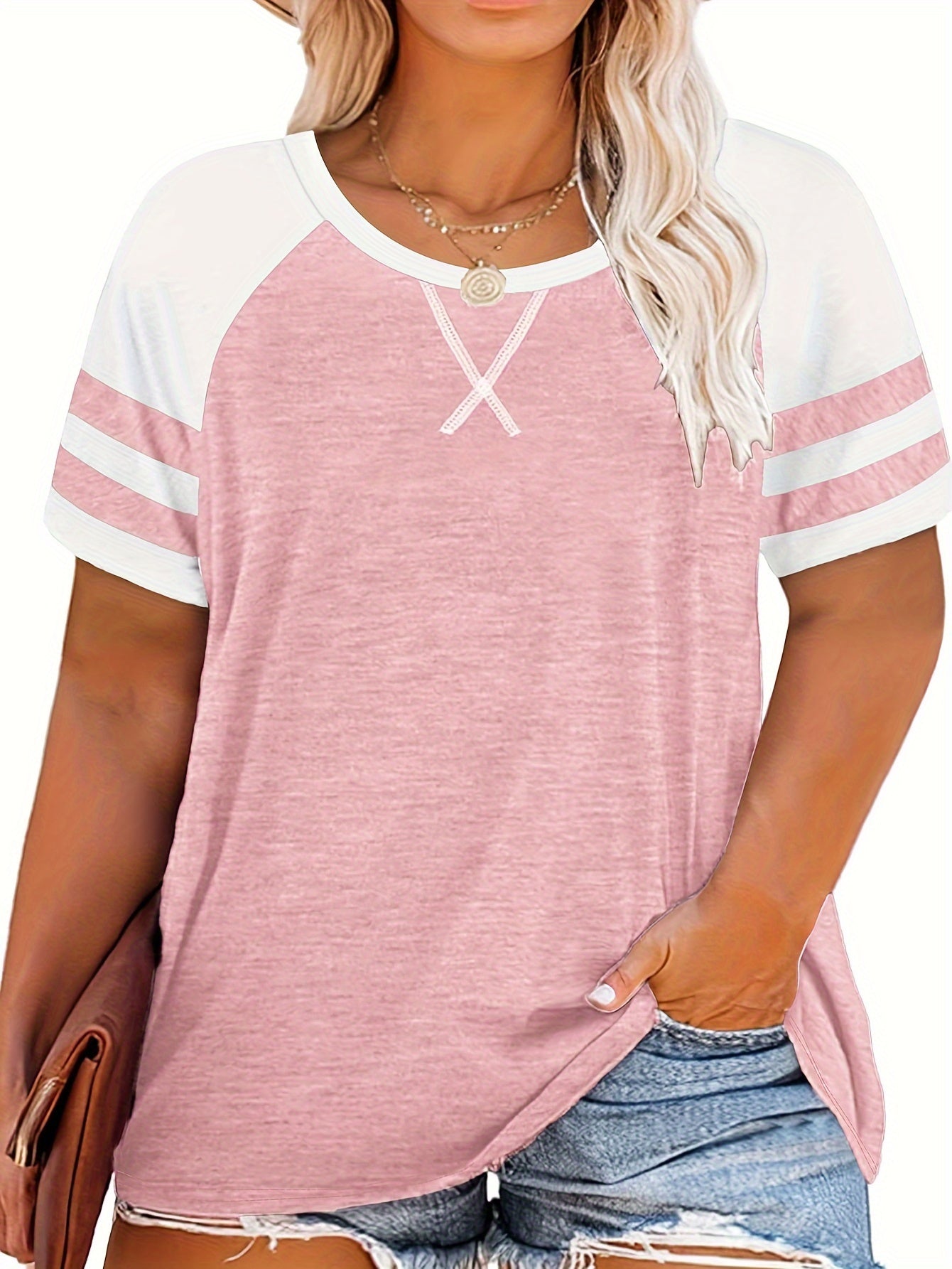 Plus-Size Women Casual Summer Sleeveless Top Light Pink White Stripes