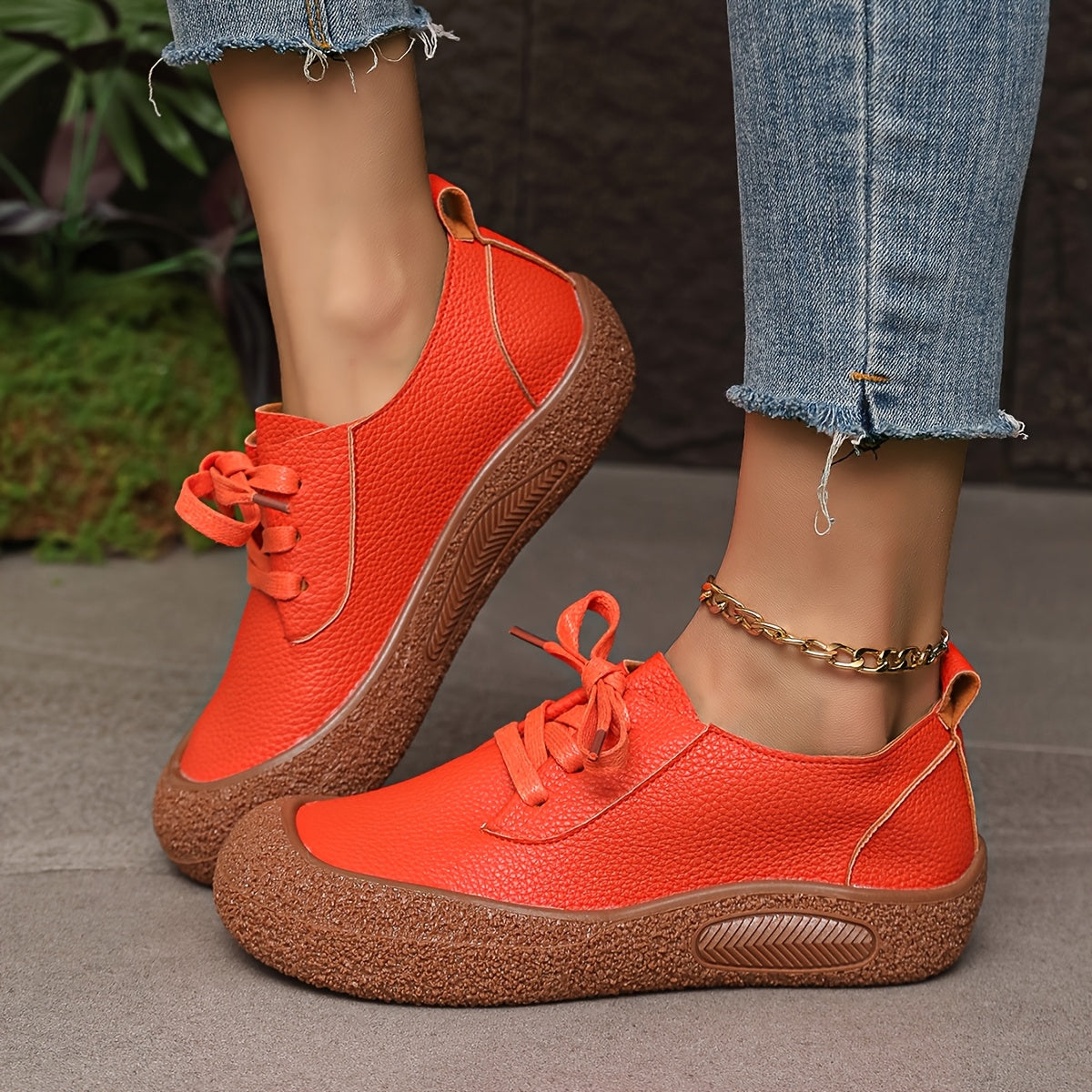 Women's Flat Shoes Leather-Style Casual Shoes Comfortable Red All-Season
