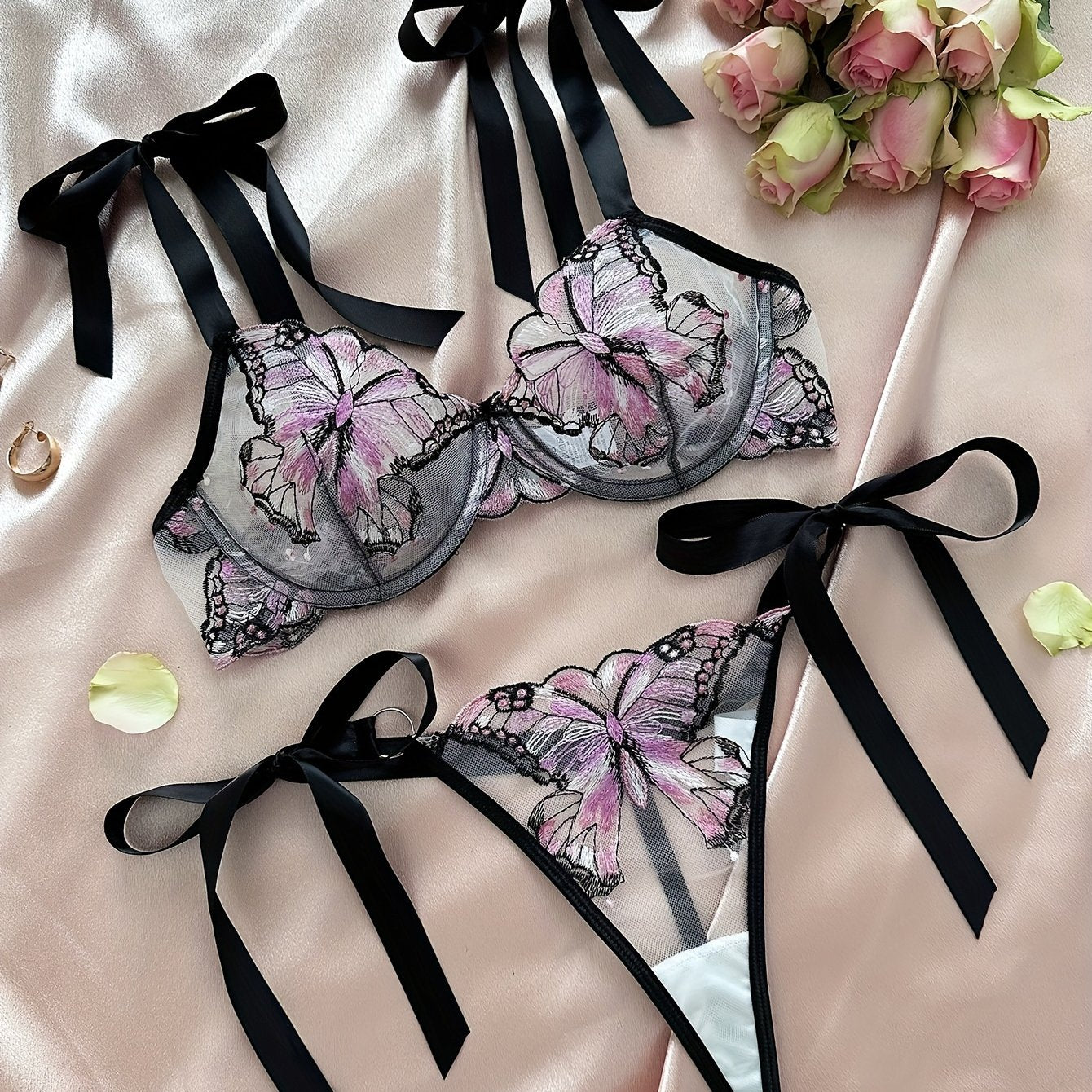 Women's Mesh Lingerie Set with Embroidered Butterfly Design Bra and Thong