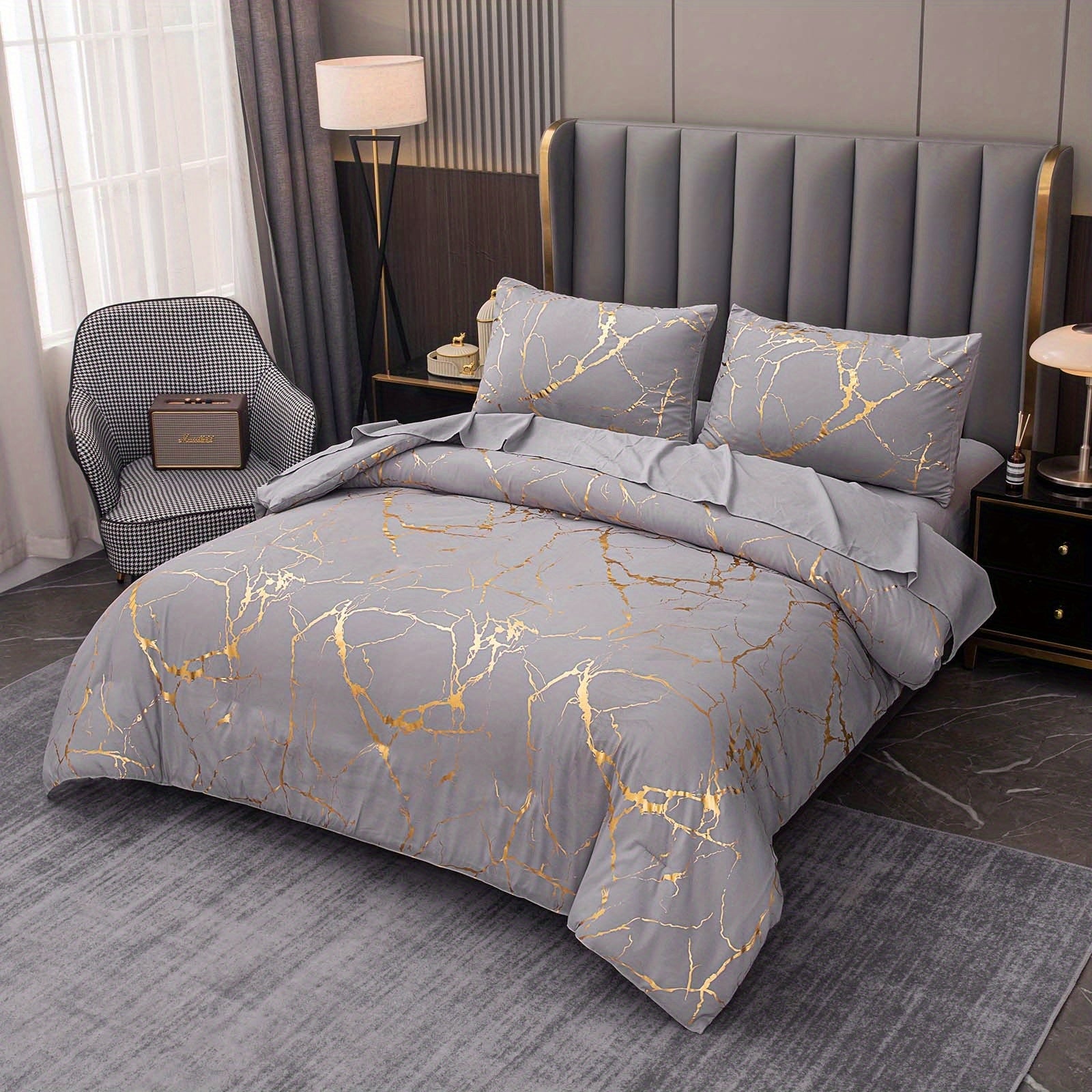 Elegant Marble Pattern Bedding Set in Pink Gray Green Blue Purple Washable Ultra-fine Fiber Duvet Cover 2-3 Piece
