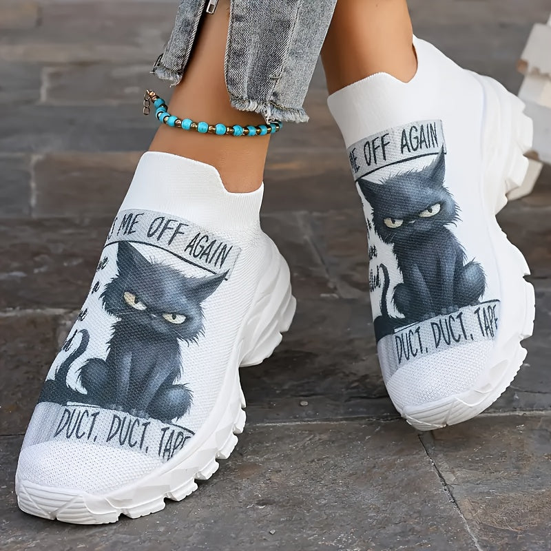 Women’s Cat Pattern Slip-On Sneakers Breathable Fabric Low Top Casual Shoes