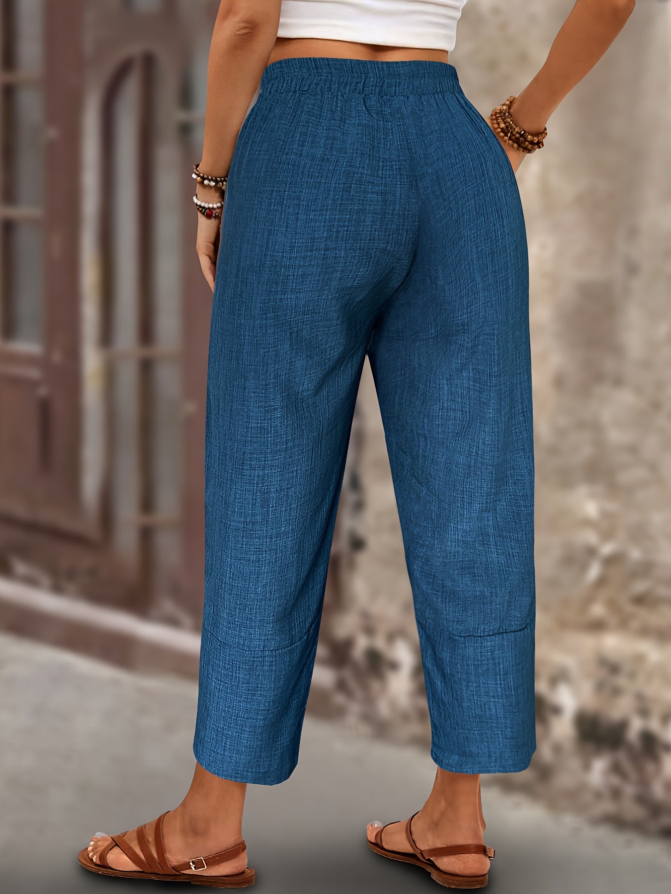 Women Navy Blue Harem Pants with Drawstring Waist Patch Pockets
