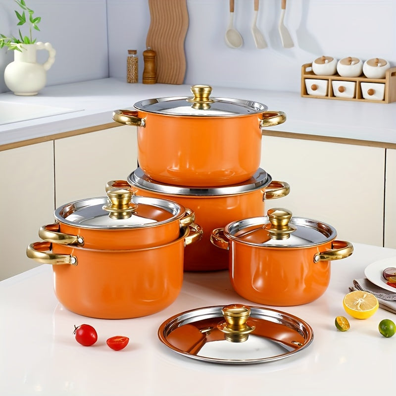 Set of 5 Orange Stainless Steel Cookware Pots with Lids for All Stovetops