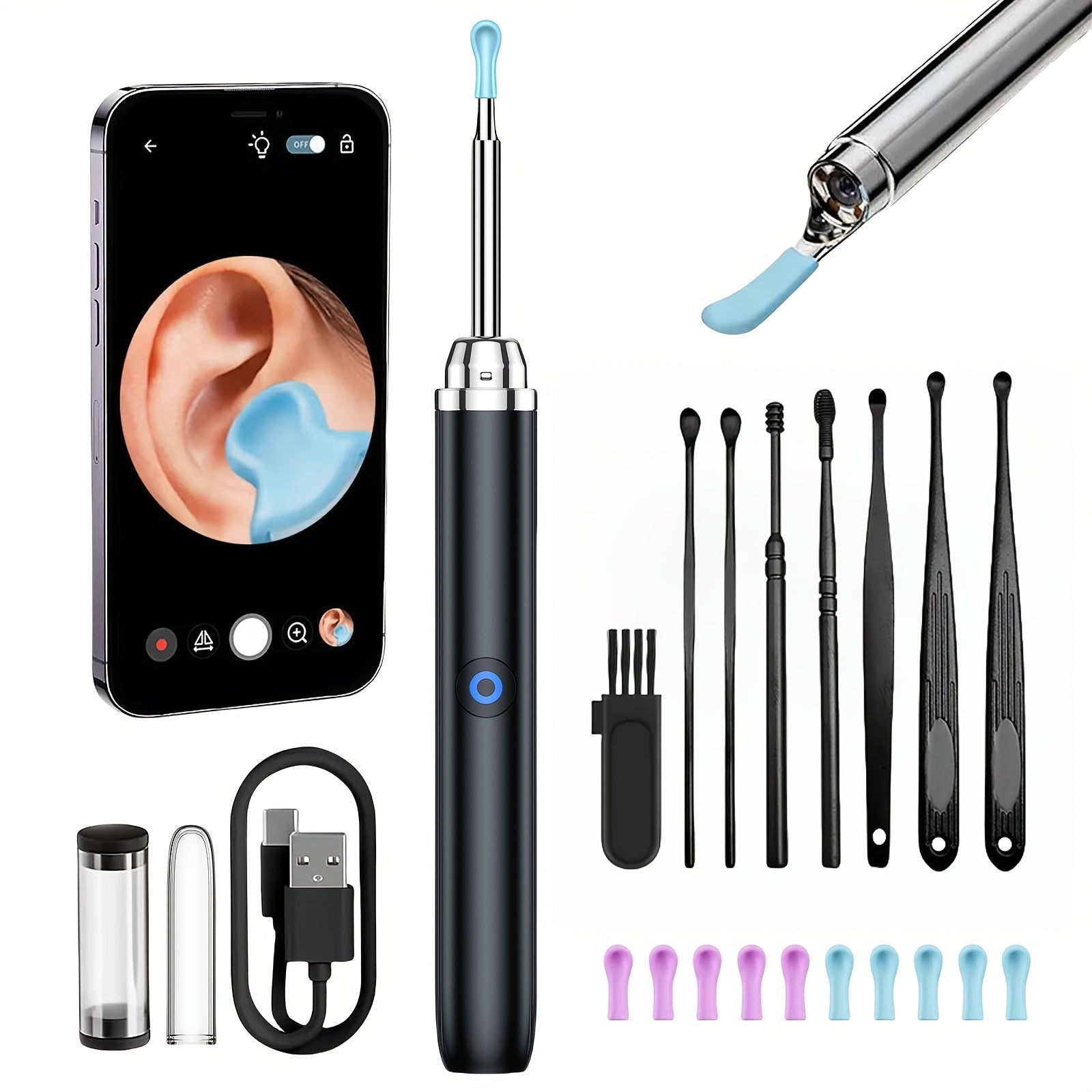 USB Rechargeable Ear Wax Removal Kit with 5 Soft Heads and Storage Box
