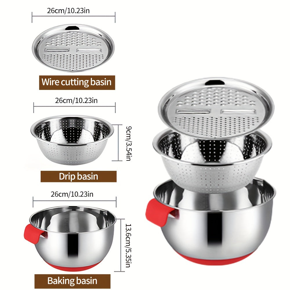 Set of 3 Stainless Steel Food Strainers with Silicone Handles and Measuring Container