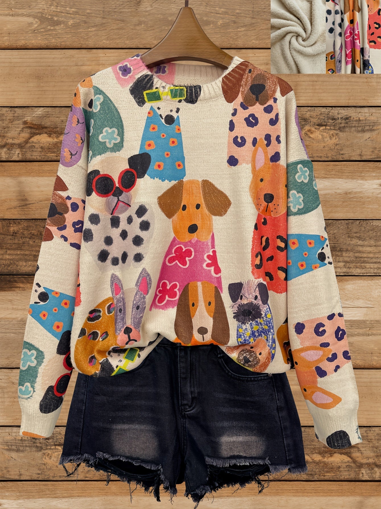 Women's Plus Size Dog Print Sweater Cozy Long Sleeve Crewneck Brown White