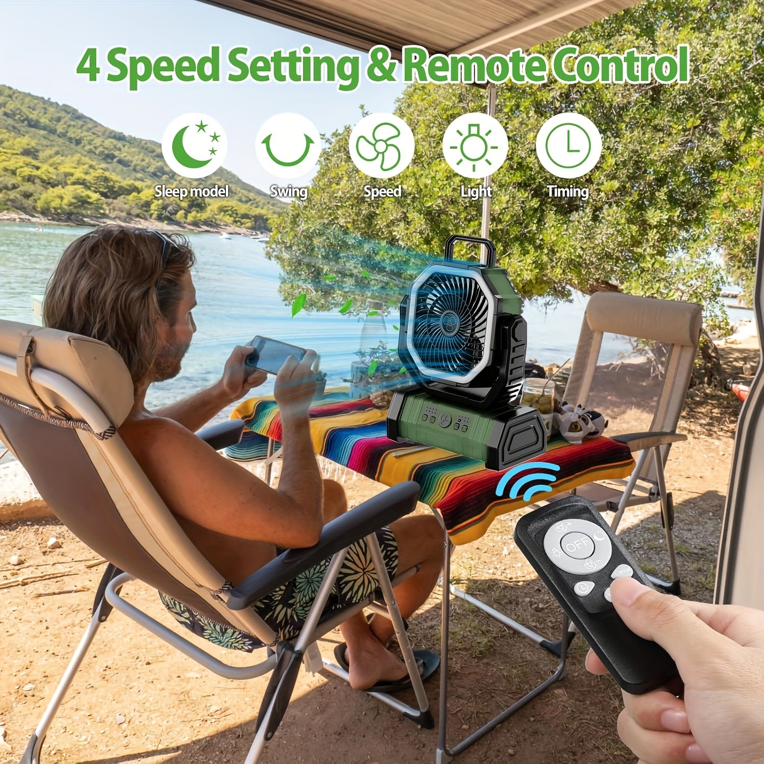 Cordless USB Fan with LED Lantern Green Rechargeable Lithium Battery Adjustable Oscillation Portable for Camping Bedroom Office