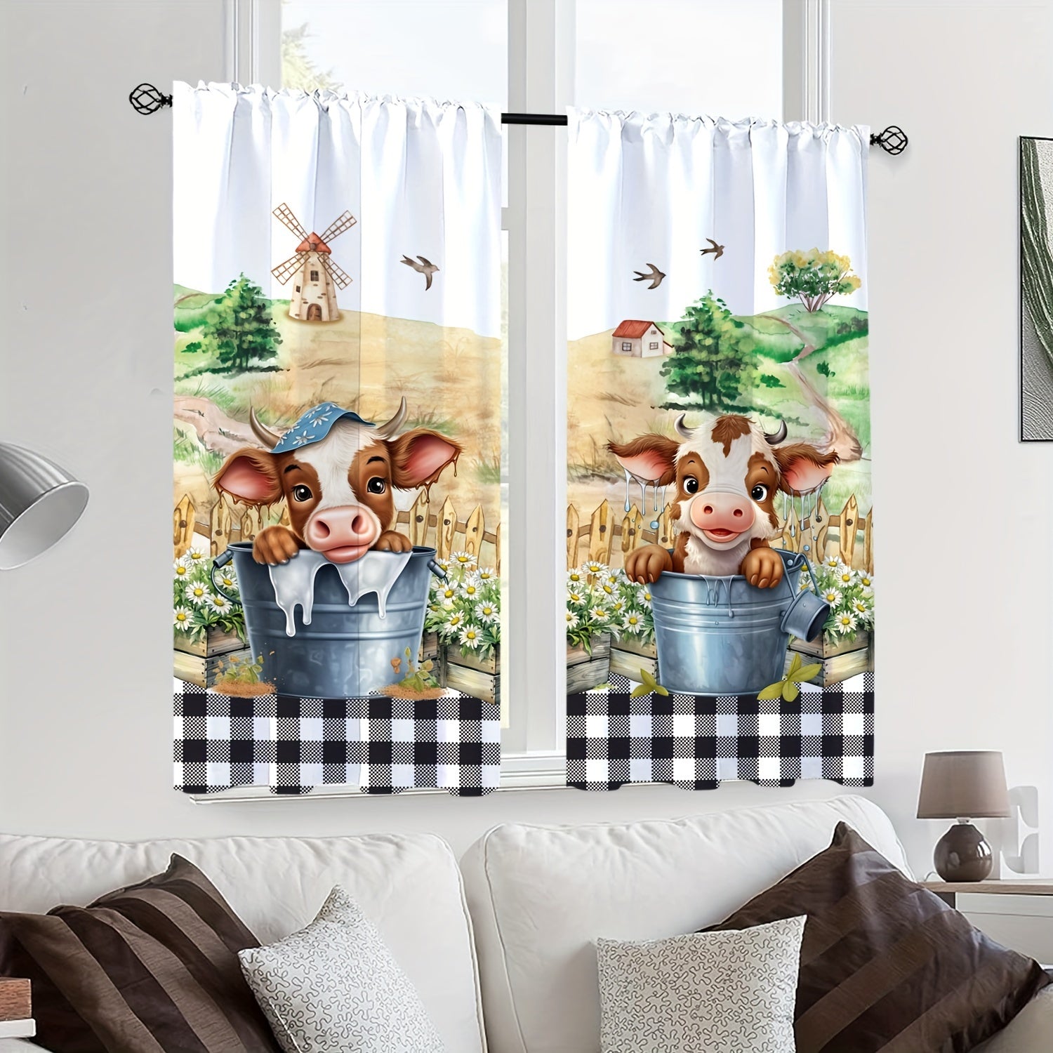 Conjunto de visillos de vaca de estilo granja y cortinas de cafetería, filtrado de luz, para cocina, dormitorio y oficina