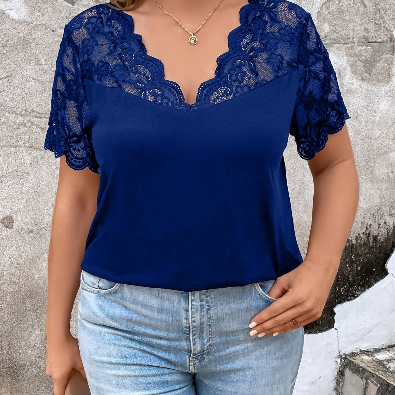 Plus Size Women's T-Shirt Short Sleeve Contrast Lace Trim Spring Summer