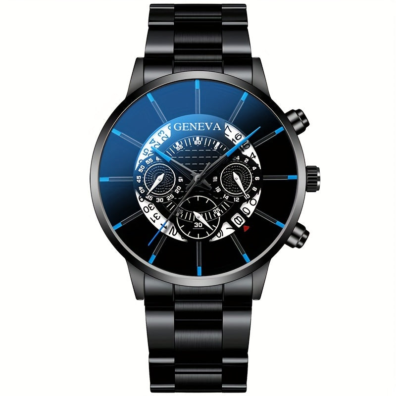 Men's Quartz Watch Stainless Steel Band Calendar Feature