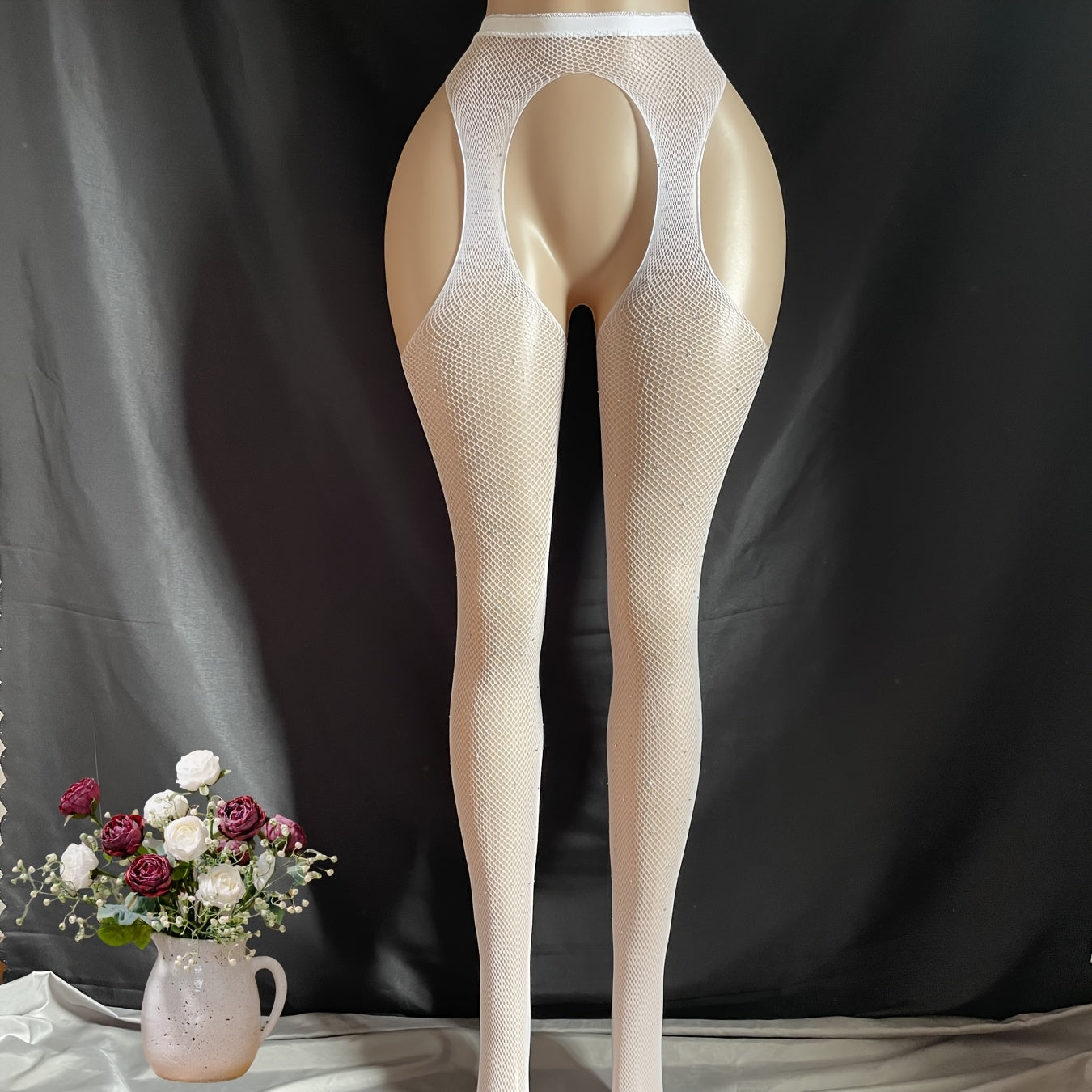 Women's High-Waisted Elastic Seamless White Pantyhose with Crystal Embellishments