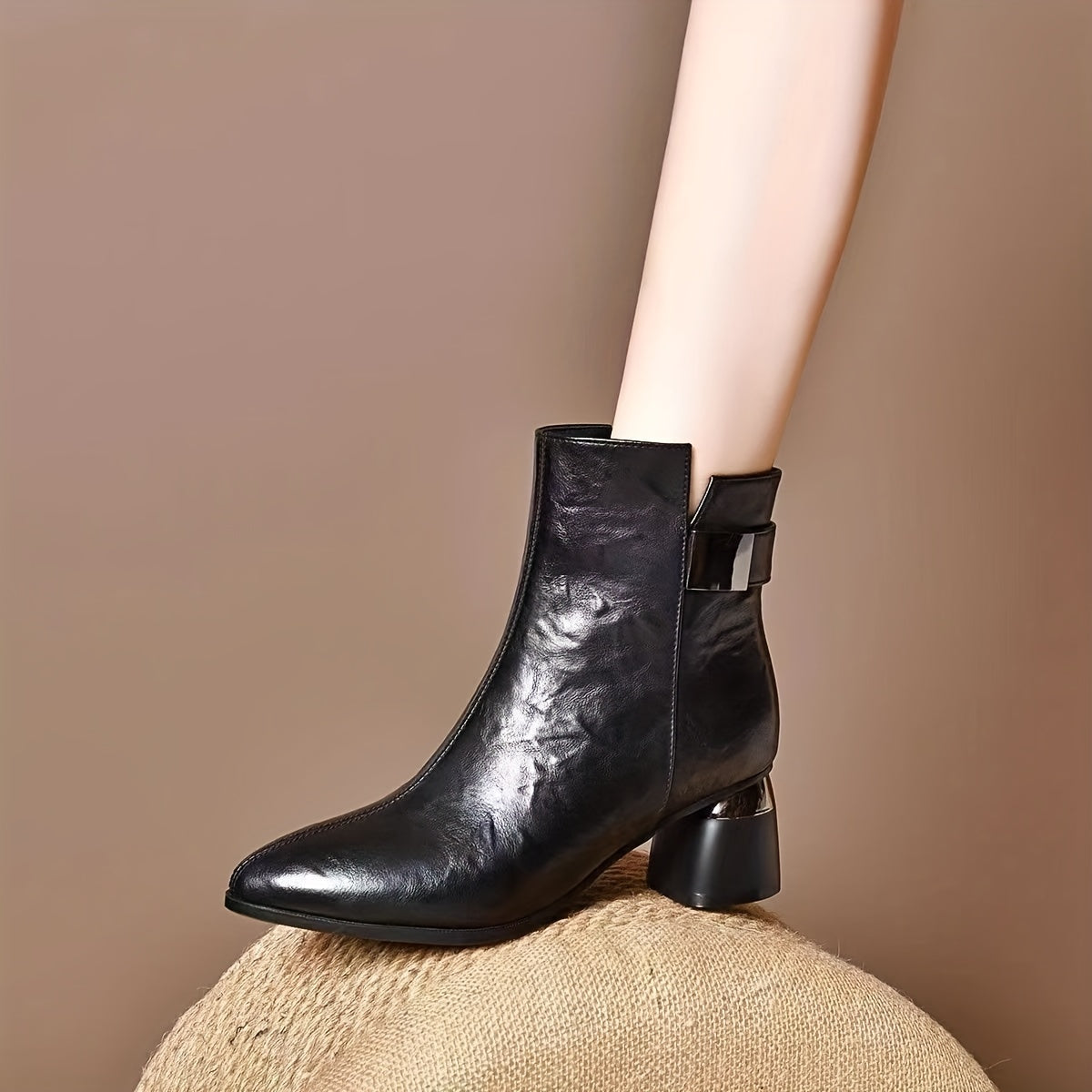 Women's Ankle Boots with Chunky Heel Faux Leather Pointed Toe Side Zipper Rubber Sole