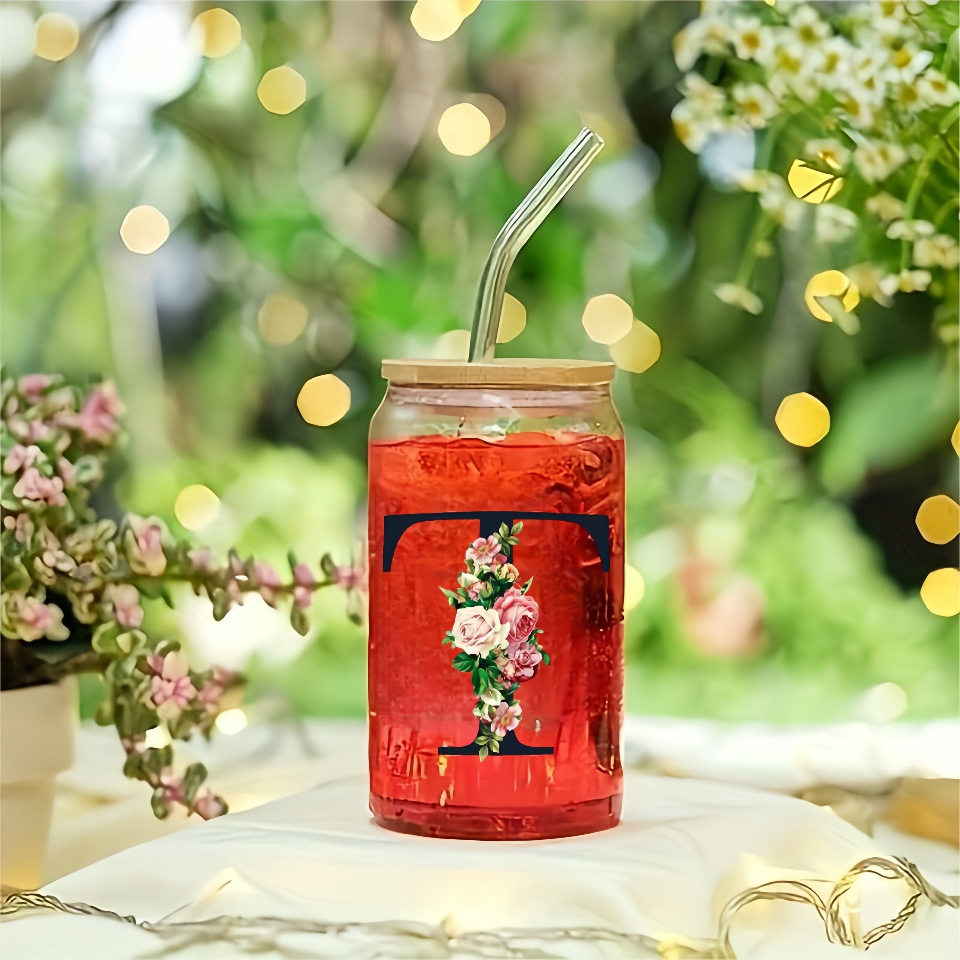 Flowers Drinking Glass with Bamboo Lid and Straw 16oz Coffee Mug for Women Girls