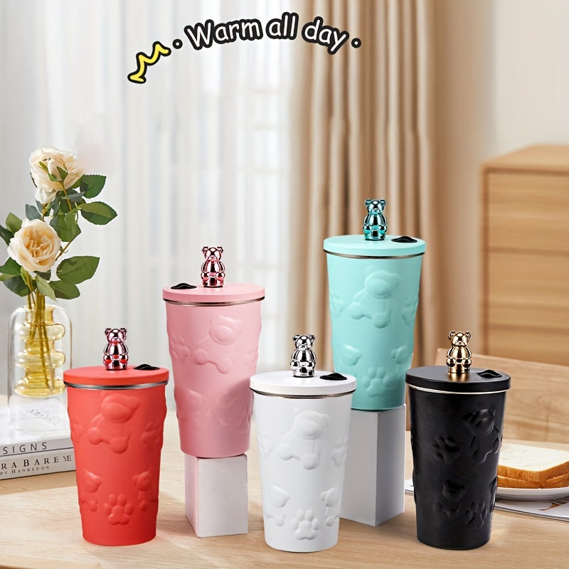Taza de café de acero inoxidable con tema de oso y pajilla para uso en movimiento