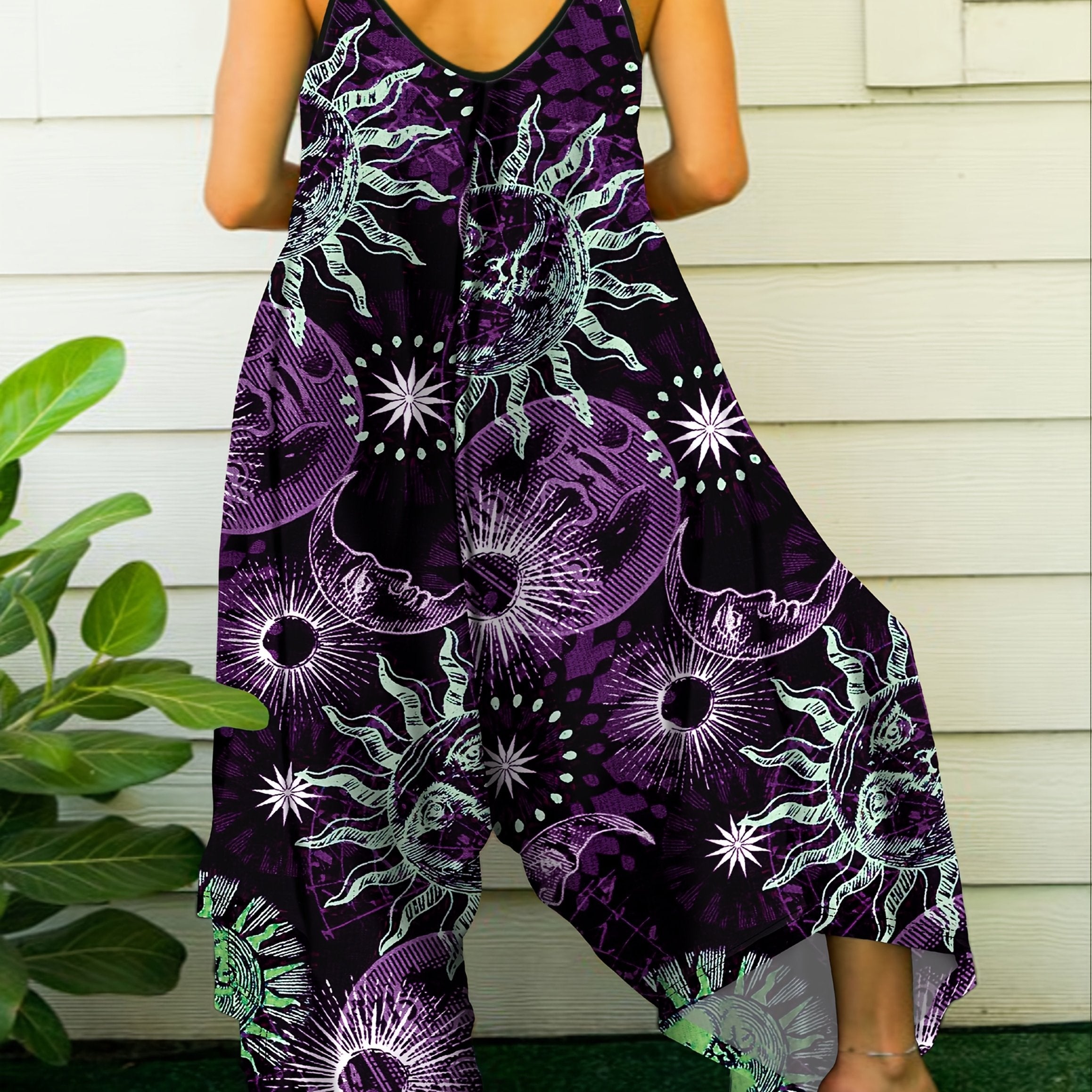 Plus Size Women's Tie-Dye Sleeveless Jumpsuit with Floral Star Print