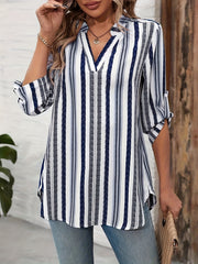 Women Striped V-Neck Blouse Long Sleeve NonStretch Casual Top Blue White