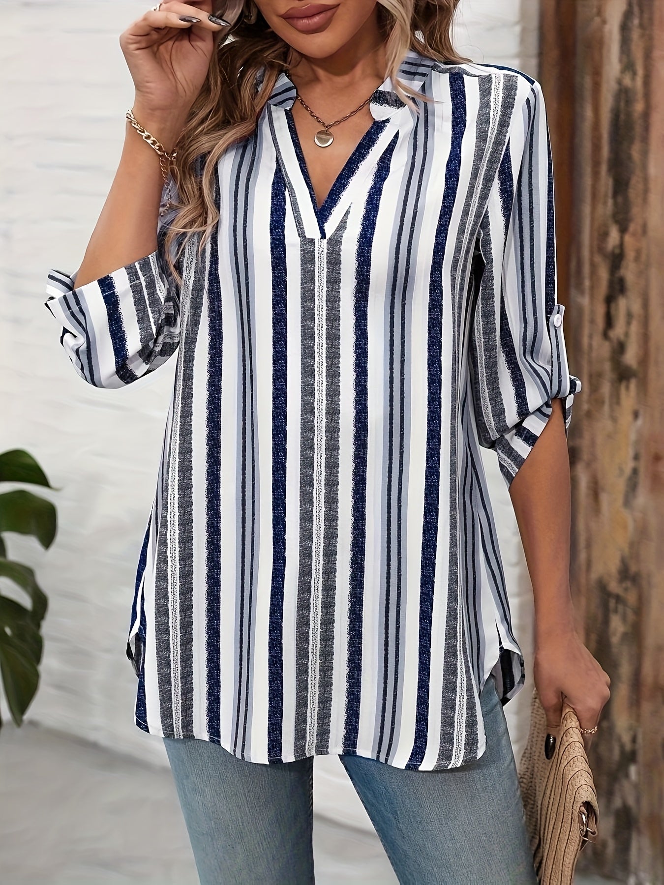 Women Striped V-Neck Blouse Long Sleeve NonStretch Casual Top Blue White