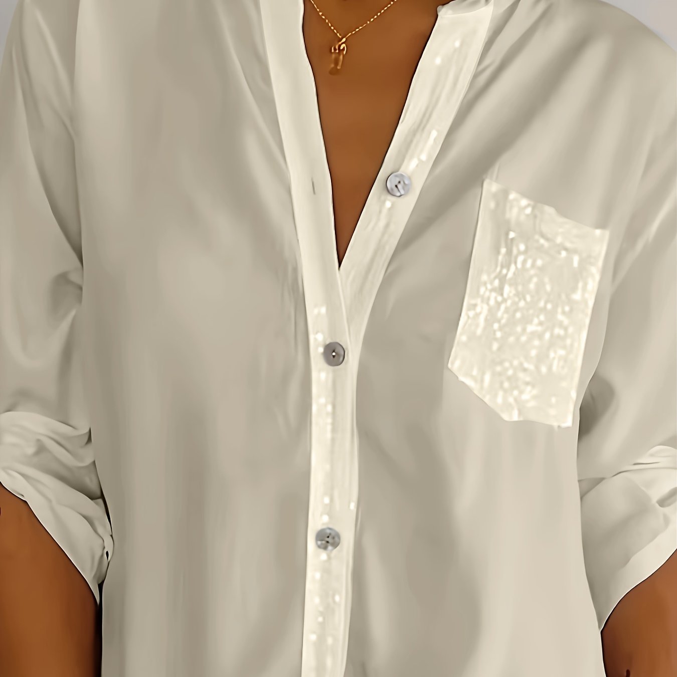 Women's Polyester Long-Sleeve Button-Up Shirt with Patch Pockets Casual All-Season