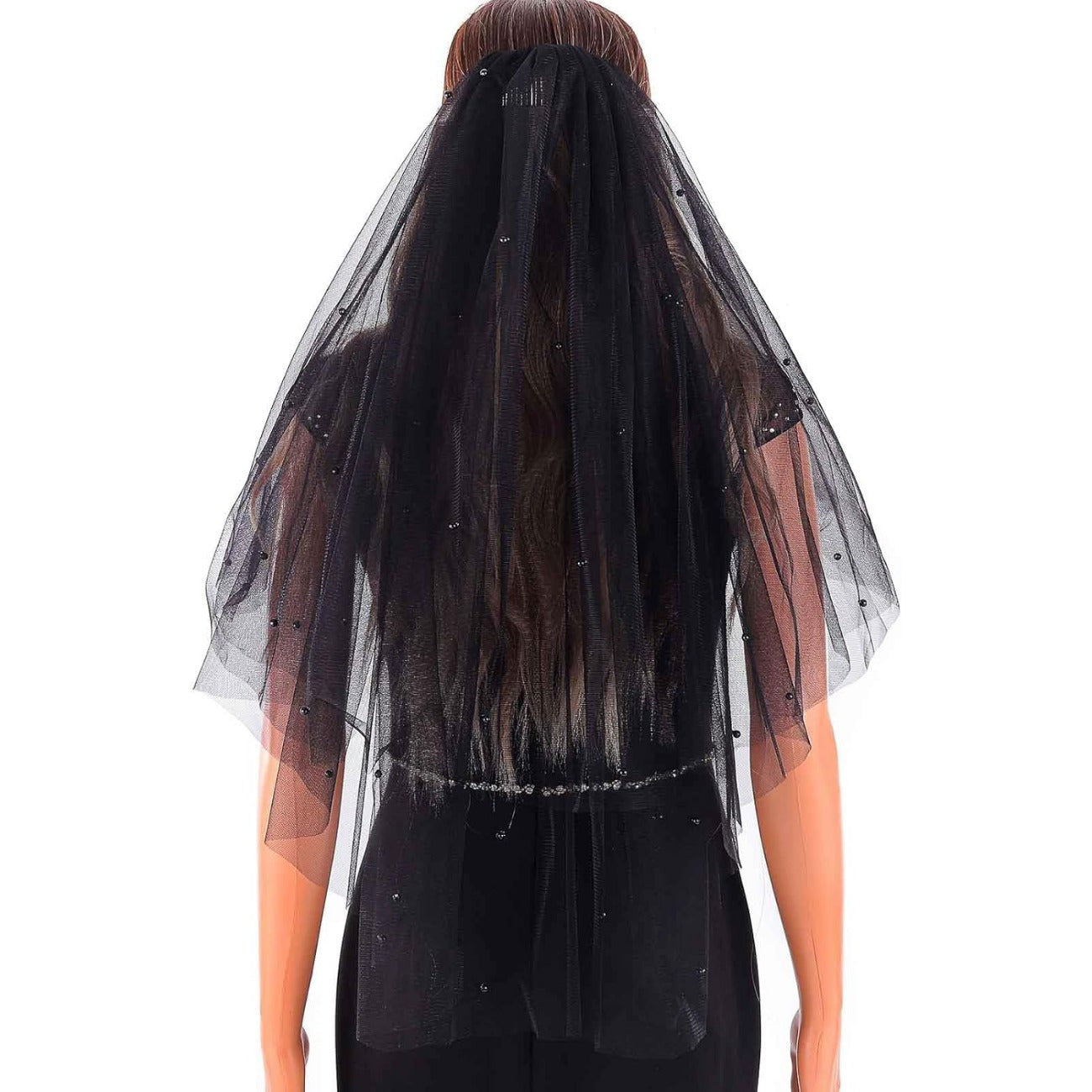 Black Lace Bridal Veil with Comb Fingertip and Long Length for Weddings and Occasions