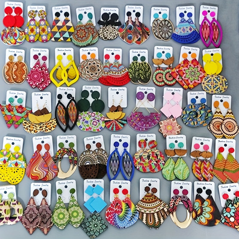Women's Bohemian Wooden Drop and Geometric Earrings with Colorful Prints