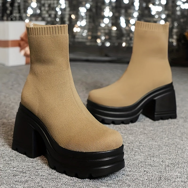 Women’s Chunky Platform Ankle Boots Black Faux Cover Slip-On High Heel