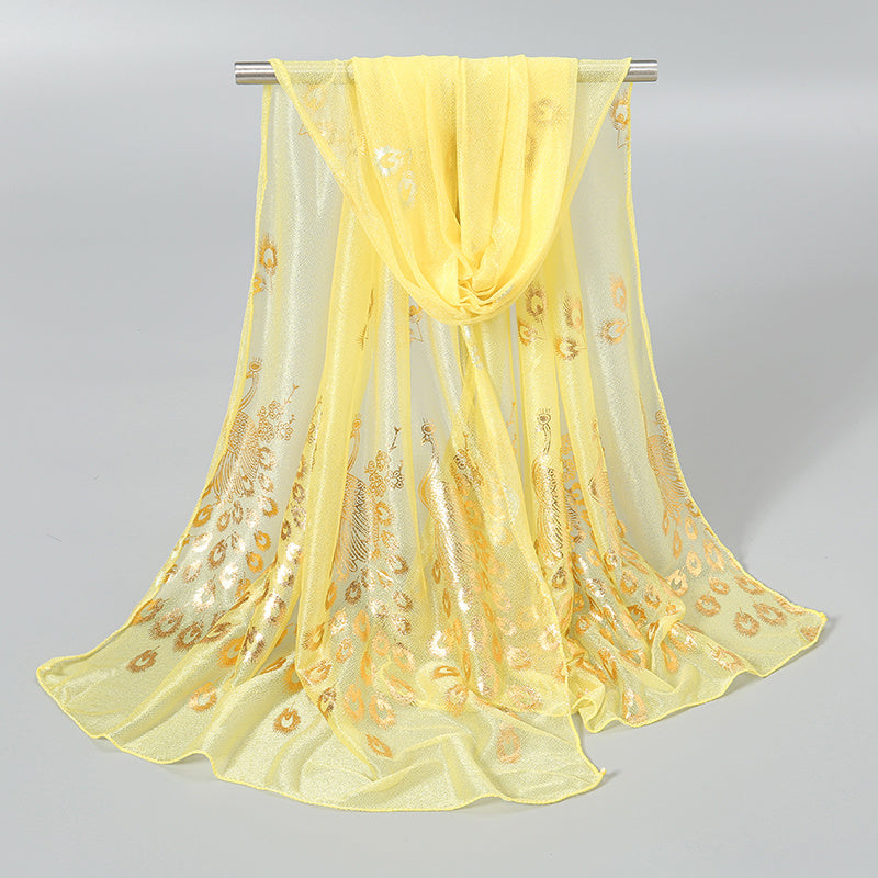 Women’s Peacock Print Lightweight Sun-Protective Polyester Scarf with Shimmering Foil