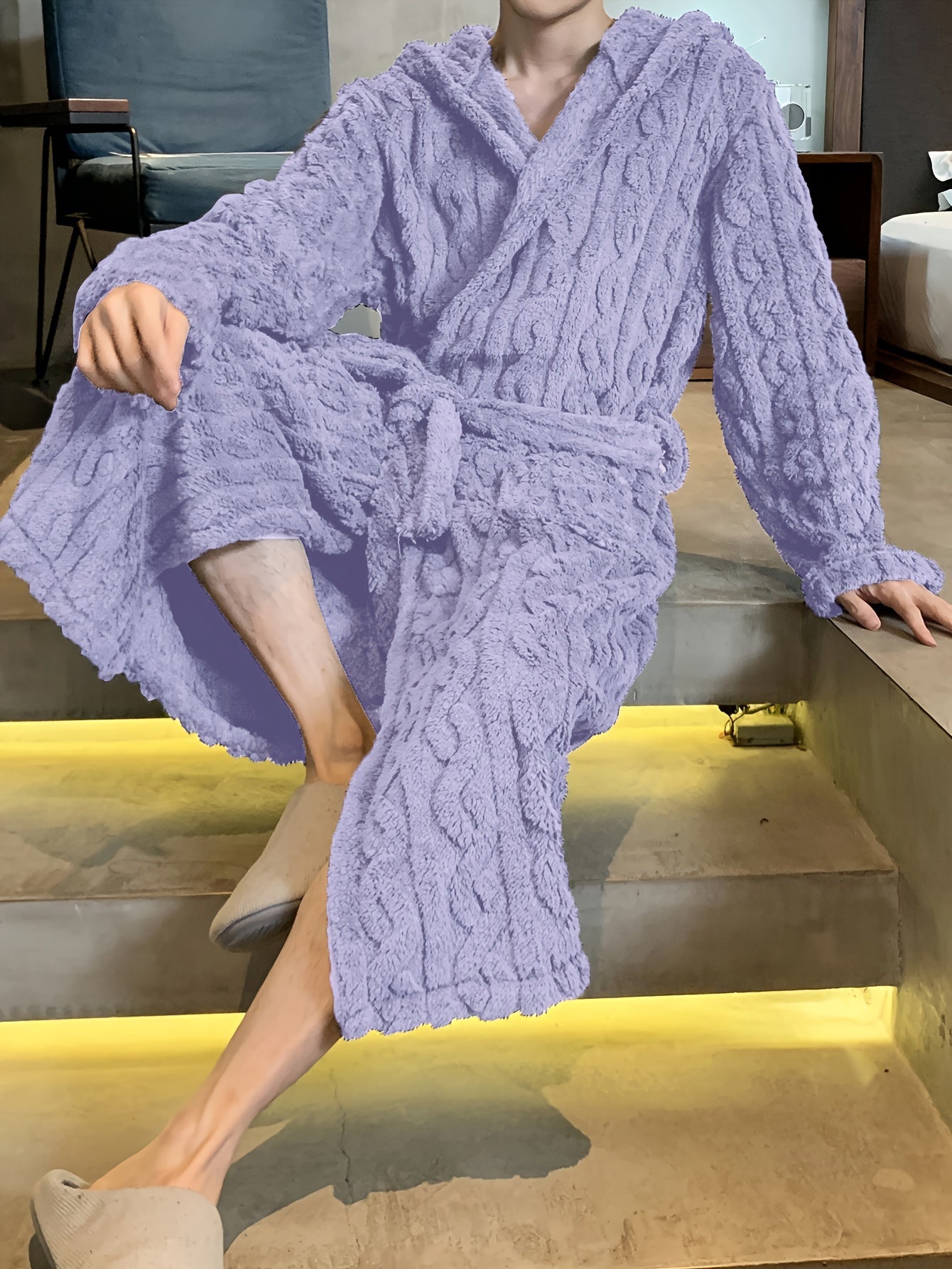 Men's Hooded Fleece Robe with Belt Soft Plush Flannel for Winter Casual Sleepwear