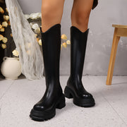 Women's Mid-Calf Synthetic Leather Boots with Zipper and Thick Sole