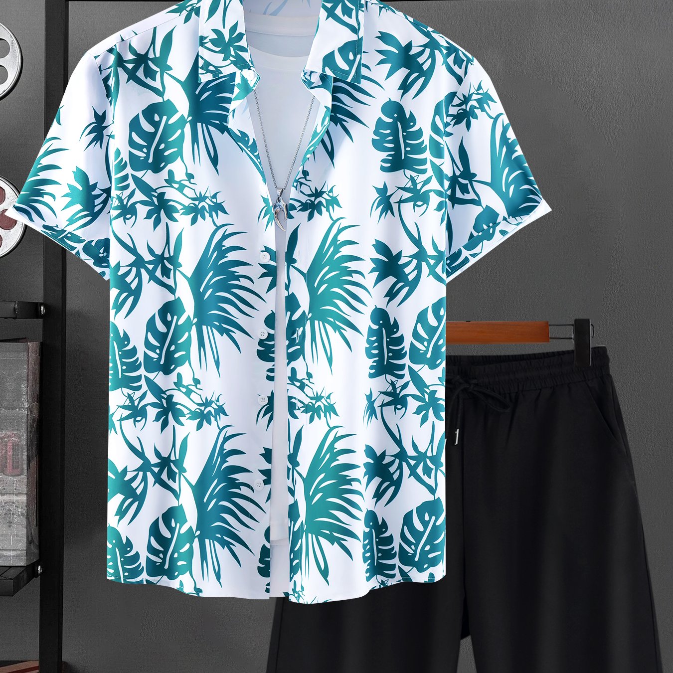 Men's Plus Size Tropical Print Casual Shirt and Shorts Set Polyester Regular Fit Summer Outfit