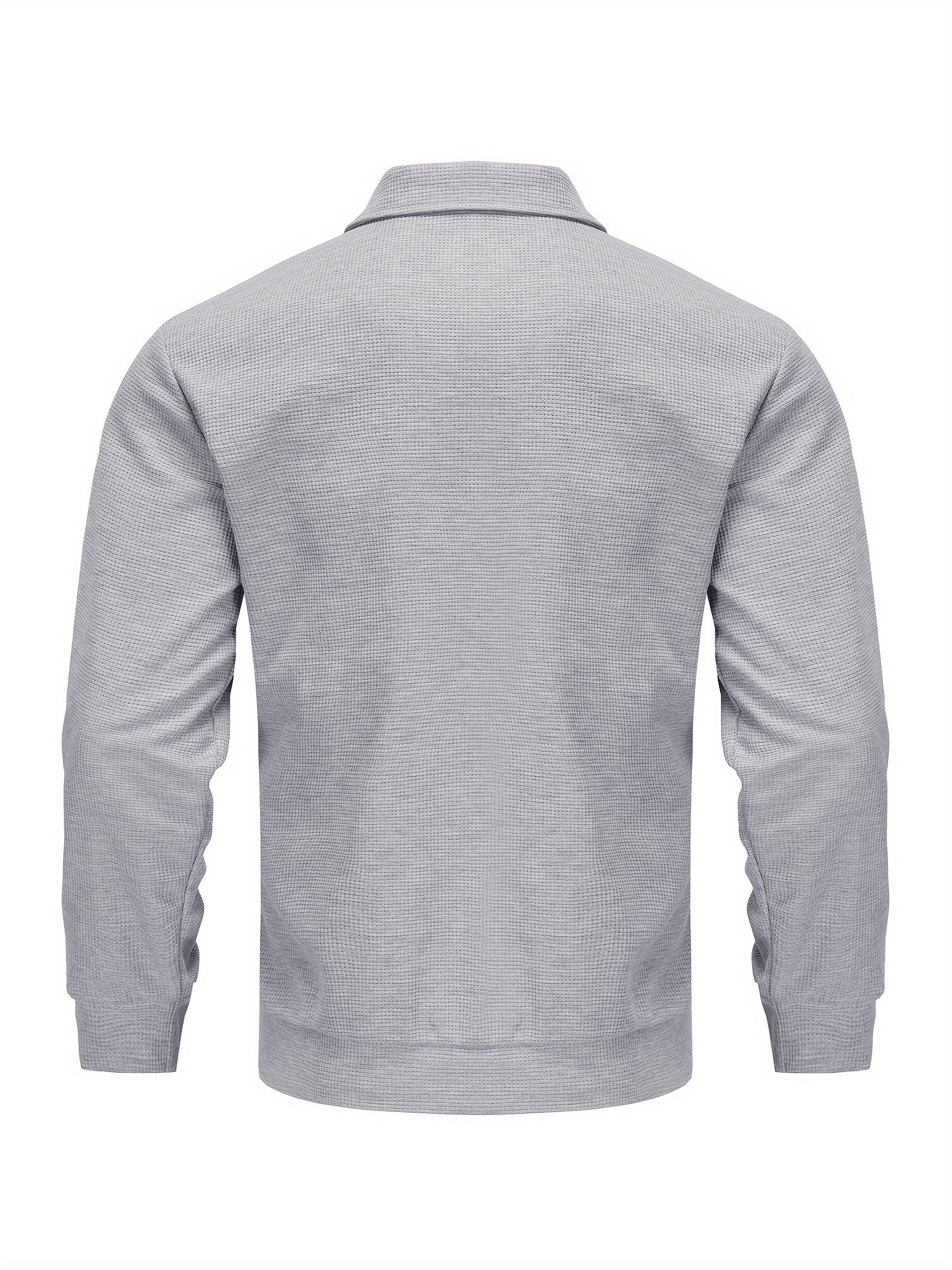 Vafli tuzilishga ega polyester sport kostyumi, tasodifiy yaka jeketi va fermuar tafsilotlari bilan uzun shimlar to'plami, mustahkam rangli bo'sh to'qilgan mato, uzun yenglar, to'liq polyester tarkibi.