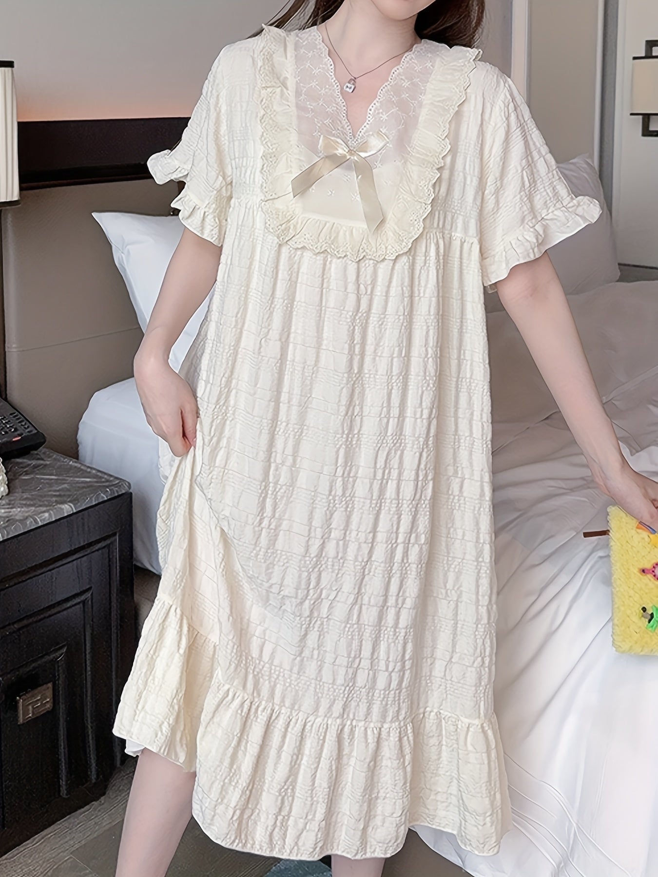 Женская ночная рубашка с коротким рукавом, летняя, с рюшами, свободного кроя, ночное платье